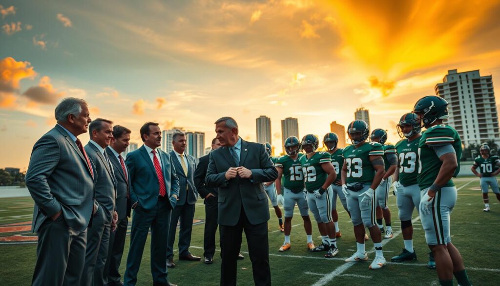A dynamic scene encapsulating the coaching philosophy of the Miami Hurricanes for a bright future in 2026. In the foreground, a diverse group of coaches, dressed in professional business attire, passionately discussing strategy on a football field. Their expressions reflect determination and focus, symbolizing mentorship and teamwork. In the middle ground, young players, clad in Miami Hurricanes gear, are engaged in a training drill, showcasing commitment and enthusiasm. The background features the iconic Miami skyline against a vivid sunset, casting warm golden and orange hues, which enhance the sense of inspiration and potential. The overall atmosphere is motivational and energetic, emphasizing growth and excellence in sports coaching. A soft focus lens captures these elements with a dynamic angle, creating an uplifting and professional mood. A dynamic scene encapsulating the coaching philosophy of the Miami Hurricanes for a bright future in 2026. In the foreground, a diverse group of coaches, dressed in professional business attire, passionately discussing strategy on a football field. Their expressions reflect determination and focus, symbolizing mentorship and teamwork. In the middle ground, young players, clad in Miami Hurricanes gear, are engaged in a training drill, showcasing commitment and enthusiasm. The background features the iconic Miami skyline against a vivid sunset, casting warm golden and orange hues, which enhance the sense of inspiration and potential. The overall atmosphere is motivational and energetic, emphasizing growth and excellence in sports coaching. A soft focus lens captures these elements with a dynamic angle, creating an uplifting and professional mood.