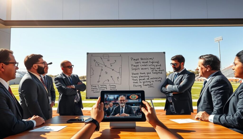 A dynamic scene illustrating a Florida coaching staff meeting on a bright, sunny day. In the foreground, a diverse group of coaches, dressed in professional business attire, animatedly discuss strategies over a digital tablet featuring exciting player highlight videos. The middle ground features a large whiteboard with strategically drawn plays and motivational quotes penned in bold lettering. In the background, a glimpse of a football field can be seen, with vivid green grass and a clear blue sky. The lighting is warm, suggesting midday, enhancing the energetic and hopeful atmosphere of the meeting. The image should evoke inspiration and determination, capturing the essence of preparation for unexpected recruiting successes.