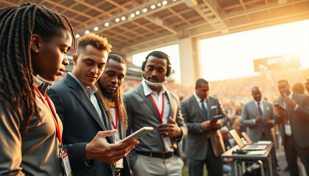 A dynamic scene illustrating the impact of NIL (Name, Image, Likeness) on recruitment for Florida’s top high school football prospects in 2026. In the foreground, a diverse group of talented young athletes, dressed in professional sports attire, showcases determination and ambition, discussing strategies over a digital tablet. The middle ground features a bustling recruitment event with recruiters and coaches, all in business attire, engaging with the recruits and examining their profiles on laptops. The background captures a vibrant football stadium ambiance, bathed in warm, golden lighting that enhances the hopeful atmosphere. The perspective should be slightly elevated, giving a sense of depth and involvement in the excitement of recruitment, while conveying the significance of NIL in shaping their futures.