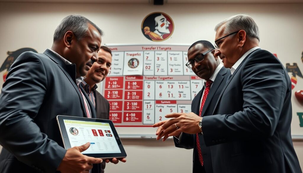 A dynamic scene showcasing Florida State Seminoles football coaches strategizing around a digital tablet displaying the transfer portal data. In the foreground, three coaches of diverse ethnicities, wearing professional business attire, are engaged in an animated discussion, pointing at the tablet. The middle ground features a large, football-themed whiteboard filled with player stats and potential transfer targets. In the background, the vibrant colors of the Florida State University logo create an energetic atmosphere. The lighting is bright and focused, enhancing the intensity of the strategy session, with reflections of enthusiasm on the coaches' faces. The angle captures a close-up perspective of the coaches and the tablet, immersing the viewer in the critical decision-making process of the transfer portal strategy.