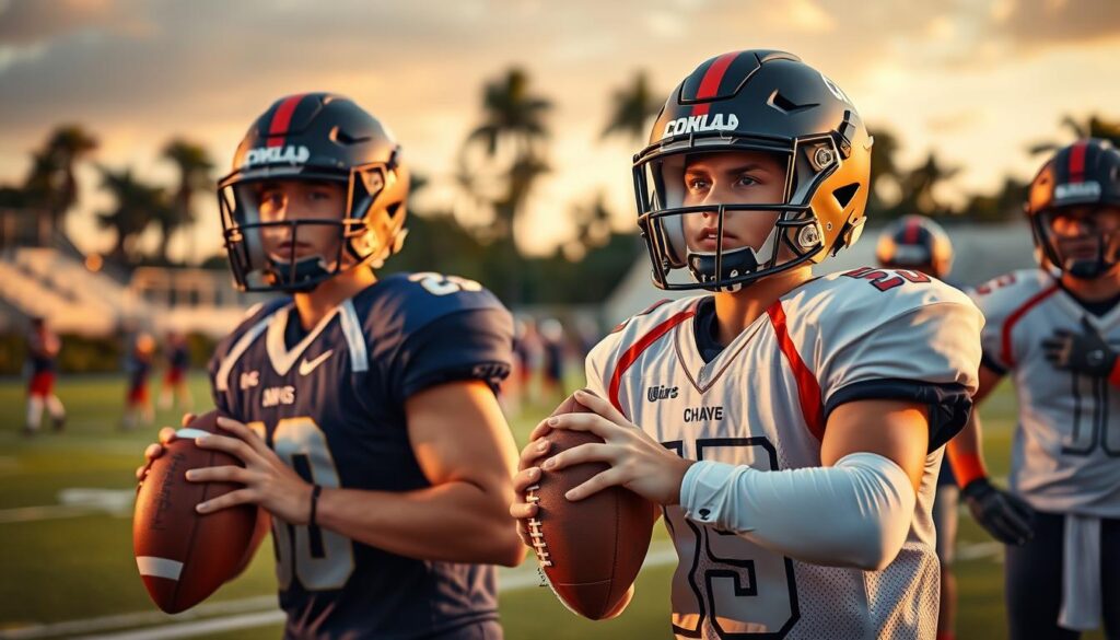 A dynamic scene showcasing a group of five high school football recruits in Florida, displaying athleticism and talent. In the foreground, two young male athletes in sporty jerseys, one holding a football and the other preparing to throw, both wearing helmets with their school logos. In the middle ground, a bustling football field filled with fellow teammates in practice, with coaches observing. The background captures a bright Florida sky at sunset, casting warm, golden light across the scene, highlighting the detailed expressions of determination on the players' faces. The atmosphere is energetic and competitive, conveying the excitement of high school sports and the promise of future stars. The image is focused with a shallow depth of field to emphasize the recruits. A dynamic scene showcasing a group of five high school football recruits in Florida, displaying athleticism and talent. In the foreground, two young male athletes in sporty jerseys, one holding a football and the other preparing to throw, both wearing helmets with their school logos. In the middle ground, a bustling football field filled with fellow teammates in practice, with coaches observing. The background captures a bright Florida sky at sunset, casting warm, golden light across the scene, highlighting the detailed expressions of determination on the players' faces. The atmosphere is energetic and competitive, conveying the excitement of high school sports and the promise of future stars. The image is focused with a shallow depth of field to emphasize the recruits.