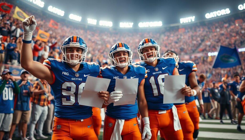 A dynamic scene showcasing a group of young football players in professional athletic attire, representing the Florida Gators. In the foreground, three key offensive standouts are celebrating with enthusiastic expressions, wearing blue and orange uniforms, holding their commitment letters. The middle ground features a cheering crowd with fans holding banners and flags in Gators colors. The background depicts a stadium filled with bright lights and team insignia, creating an electric atmosphere. The lighting is vivid and bright, simulating a daytime event, with a slight lens blur to focus on the players. The overall mood is triumphant and energetic, capturing the excitement of Early Signing Day for the future of the team.
