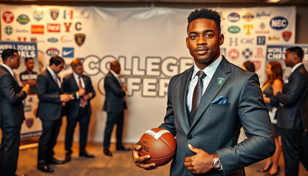 A dynamic scene showcasing a high school football recruit in a professional setting, representing college commitments. In the foreground, a confident African American male athlete in a tailored suit, holding a football, stands proudly with a college logo on his lapel. In the middle ground, a diverse group of college recruiters, dressed in business attire, engage in conversation and taking notes, surrounded by promotional posters of various colleges. The background features a large banner displaying the phrase "College Offers" with various college logos and colors splashed across it. The lighting is warm and inviting, with a soft focus lens to emphasize the athlete and recruiters, creating an atmosphere of excitement and opportunity. A bright and welcoming environment, reflecting the energy of college recruitment events. A dynamic scene showcasing a high school football recruit in a professional setting, representing college commitments. In the foreground, a confident African American male athlete in a tailored suit, holding a football, stands proudly with a college logo on his lapel. In the middle ground, a diverse group of college recruiters, dressed in business attire, engage in conversation and taking notes, surrounded by promotional posters of various colleges. The background features a large banner displaying the phrase "College Offers" with various college logos and colors splashed across it. The lighting is warm and inviting, with a soft focus lens to emphasize the athlete and recruiters, creating an atmosphere of excitement and opportunity. A bright and welcoming environment, reflecting the energy of college recruitment events.