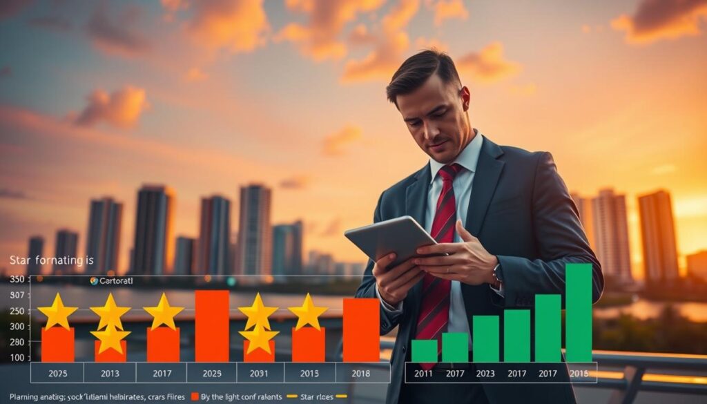 A dynamic visualization representing "Miami Hurricanes star ratings analysis" in a sports analytics style. In the foreground, a stylized chart displays various star ratings for football recruits, with icons symbolizing player attributes like speed and agility. The middle ground features a professional analyst in business attire, intently interpreting the data, with a digital tablet in hand. The background showcases a vibrant Miami skyline, under a dazzling sunset that casts warm light, creating an energetic and optimistic atmosphere. Use a sharp focal point on the analyst, with a slight blur on the skyline to emphasize concentration on the data. Capture a mood of excitement and potential, emphasizing the future of talent and the importance of star ratings in sports recruitment. A dynamic visualization representing "Miami Hurricanes star ratings analysis" in a sports analytics style. In the foreground, a stylized chart displays various star ratings for football recruits, with icons symbolizing player attributes like speed and agility. The middle ground features a professional analyst in business attire, intently interpreting the data, with a digital tablet in hand. The background showcases a vibrant Miami skyline, under a dazzling sunset that casts warm light, creating an energetic and optimistic atmosphere. Use a sharp focal point on the analyst, with a slight blur on the skyline to emphasize concentration on the data. Capture a mood of excitement and potential, emphasizing the future of talent and the importance of star ratings in sports recruitment.
