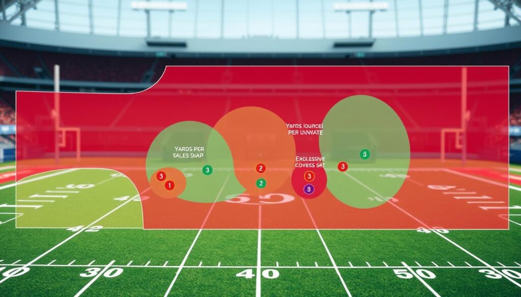 A detailed and vibrant coverage target map showcasing success rates across a football field. In the foreground, a grid overlay depicts various target zones with different shades representing yards per coverage snap. The middle layer features strategically placed icons indicating the locations where successful and explosive plays occurred, using color coding for visual emphasis. In the background, a stylized representation of a football field, complete with yard markers and end zones, creates depth. The lighting is bright and clear, evoking an analytical and focused atmosphere, akin to a professional sports analysis setting. The image should suggest precision and strategy, capturing the essence of defensive coverage without any text or overlays.