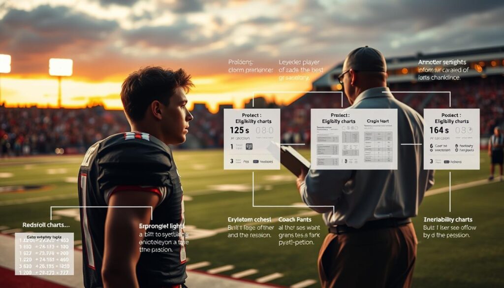 A detailed, strategic diagram illustrating the late-season redshirt decision-making process. In the foreground, a young athlete in professional athletic wear is shown pondering at a football field, a look of contemplation on their face. In the middle ground, a coach is depicted with a clipboard, reviewing player statistics and eligibility charts under stadium lights, symbolizing informed decisions. In the background, the field is illuminated by the warm glow of sunset, casting an inspirational mood. Use a shallow depth of field to keep the focus on the athlete and coach, while slightly blurring the crowd in the stands. Capture the urgency and significance of the decision with dramatic lighting and an angled perspective, enhancing the emotional weight of protecting eligibility in the context of a late-season football strategy.