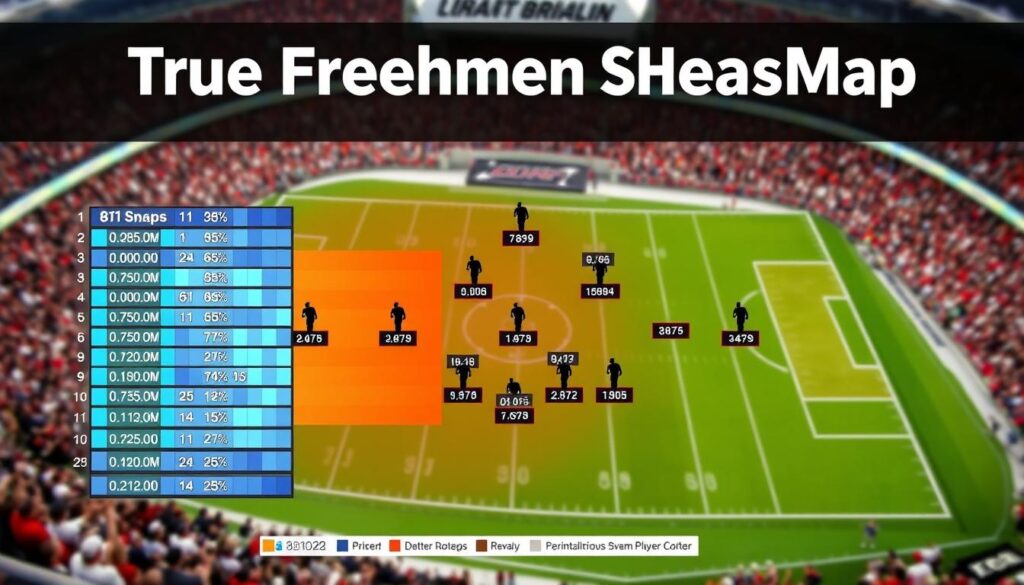 A detailed visual representation of a "true freshman snaps heatmap," displayed on a football field graphic. In the foreground, a vibrant, color-coded heatmap highlights specific player positions where freshmen are getting significant snap counts, using a gradient of colors from cool blues for minimal snaps to warm reds for high snaps. The middle area features labeled player silhouettes positioned strategically on a simplified football formation diagram to indicate their roles. The background depicts a blurred stadium scene with cheering fans, emphasizing the energetic atmosphere of a live game. The image should be well-lit, resembling a professional sports infographic, with a slight overhead angle to convey depth, creating a clear and engaging visual suitable for an analytical discussion.