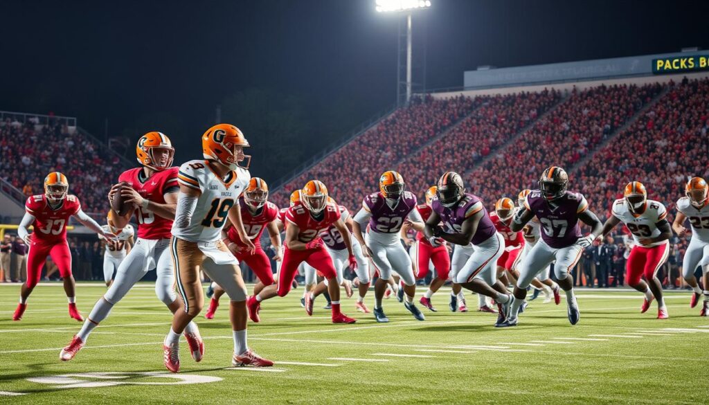 A dynamic college football scene depicting intense position battles on the field. In the foreground, a quarterback in a vibrant team uniform is executing a play, showcasing their focus and determination. Beside them, a wide receiver runs a precise route, arms outstretched, reflecting chemistry and teamwork. In the middle ground, a cohesive offensive line works in unison, protecting the quarterback, demonstrating strength and coordination. To one side, defensive players, including edge rushers, apply pressure, while cornerbacks prepare for matchups against receivers. The background features a packed stadium under bright stadium lights, creating an electric atmosphere. The angle captures the action from a slightly elevated perspective, emphasizing the intensity of competition and the importance of teamwork in different position battles on the field, bathed in the glow of vibrant colors and dynamic shadows.