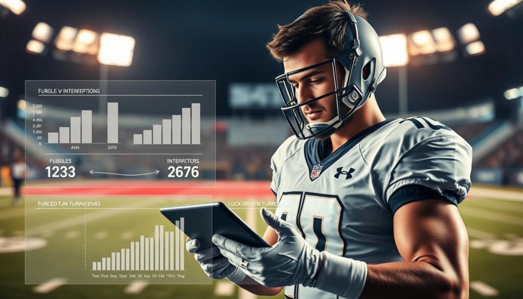A dynamic sports analytics scene focusing on "defensive turnover analysis," featuring a split image design. In the foreground, a detailed visualization of statistics comparing fumbles to interceptions and forced turnovers versus luck-driven turnovers, represented by sleek charts and graphs. In the middle, a focused football player in professional athletic gear, analyzing data on a tablet with a thoughtful expression, surrounded by a digital overlay of turnover metrics. In the background, a blurred football field illuminated under stadium lights, creating an intense atmosphere of competition and strategy. The lighting is dramatic, highlighting the player and data, with a shallow depth of field for a cinematic effect. The mood is analytical yet energetic, capturing the essence of defensive football strategy.
