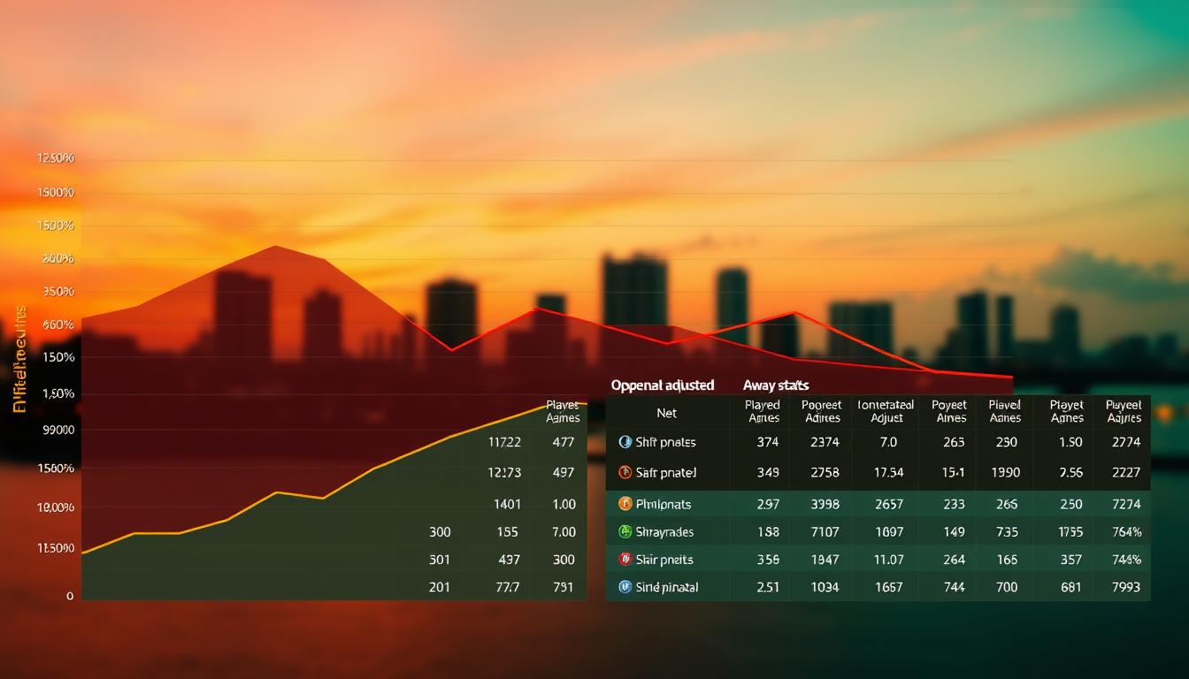 A dynamic visualization of "Miami Hurricanes trend analysis," showcasing a blend of graphical elements. In the foreground, a bold line graph displaying trendlines of player performance over the last four games, featuring distinct colors for home and away stats. In the middle ground, structured data tables highlight opponent-adjusted metrics, strategically annotated with icons representing key performance indicators. The background transitions to an abstract depiction of the Miami skyline at twilight, with shades of orange and green reflecting the Miami Hurricanes’ colors, creating an energetic atmosphere. Use soft lighting to emphasize the data while maintaining a professional look, framed with a lens focal length that adds depth and clarity. Overall, convey a sense of analytical focus and sports excitement. A dynamic visualization of "Miami Hurricanes trend analysis," showcasing a blend of graphical elements. In the foreground, a bold line graph displaying trendlines of player performance over the last four games, featuring distinct colors for home and away stats. In the middle ground, structured data tables highlight opponent-adjusted metrics, strategically annotated with icons representing key performance indicators. The background transitions to an abstract depiction of the Miami skyline at twilight, with shades of orange and green reflecting the Miami Hurricanes’ colors, creating an energetic atmosphere. Use soft lighting to emphasize the data while maintaining a professional look, framed with a lens focal length that adds depth and clarity. Overall, convey a sense of analytical focus and sports excitement.