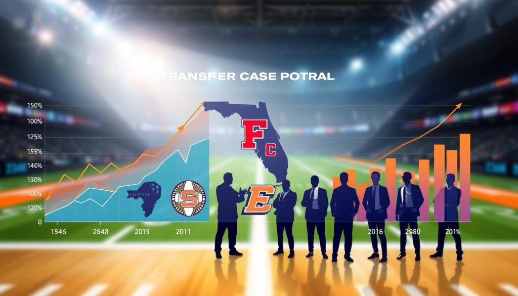 A dynamic visualization of "transfer portal case patterns" showcasing year-over-year shifts in team statistics. In the foreground, a sleek, modern infographic featuring vibrant line graphs and bar charts representing data trends, with arrows indicating upward and downward shifts. In the middle ground, stylized representations of Florida’s top sports teams’ logos creatively interwoven with numerical data points and silhouettes of athletes in professional attire. The background features an abstract representation of a football field and basketball court, subtly blurred to focus attention on the data visualization. The image is bright and professional, illuminated by soft, diffused lighting to enhance clarity, with a 35mm lens perspective to create depth. The overall atmosphere is informative and engaging, ideal for an analytical article on the impact of the transfer portal.