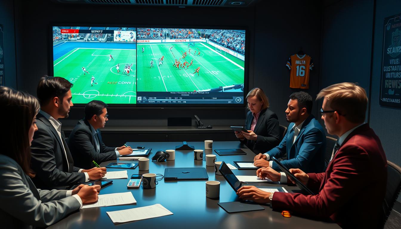 A modern film analysis room, featuring a large screen displaying game footage, with colorful play diagrams highlighted. In the foreground, a diverse group of four professional analysts in business attire are engaged in discussion, taking notes on tablets. The middle layer showcases a sleek conference table cluttered with tablets, notepads, and coffee cups, while an oversized monitor on the wall displays key moments from a recent game. Dim, focused lighting creates an intense atmosphere, enhancing the mood of serious analysis and strategic planning. The background includes soundproof walls adorned with team jerseys and motivational posters. The scene captures the energetic and analytical spirit of a high-stakes review, devoid of any text or distractions. A modern film analysis room, featuring a large screen displaying game footage, with colorful play diagrams highlighted. In the foreground, a diverse group of four professional analysts in business attire are engaged in discussion, taking notes on tablets. The middle layer showcases a sleek conference table cluttered with tablets, notepads, and coffee cups, while an oversized monitor on the wall displays key moments from a recent game. Dim, focused lighting creates an intense atmosphere, enhancing the mood of serious analysis and strategic planning. The background includes soundproof walls adorned with team jerseys and motivational posters. The scene captures the energetic and analytical spirit of a high-stakes review, devoid of any text or distractions.