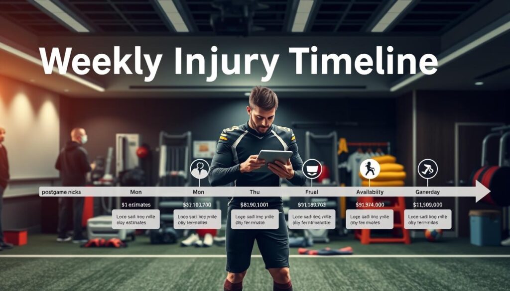 A sophisticated visual representation of a "Weekly Injury Timeline," showcasing the progression of sports injuries and athlete recovery statuses. In the foreground, depict a sleek timeline chart with labeled sections for "postgame nicks," "Mon estimates," "Thu availability," and "Gameday status," illustrated with icons for injuries and medical assessments. The middle section features a dynamic graphical depiction of an athlete in professional sports attire, analyzing data on a digital tablet, set against a backdrop of training room equipment and medical supplies, accentuating a sense of professionalism. In the background, emphasize soft lighting, creating a focused and informative atmosphere with a modern sports facility ambience. Capture a blend of hope and urgency, illustrating the careful balance athletes must maintain during recovery. A sophisticated visual representation of a "Weekly Injury Timeline," showcasing the progression of sports injuries and athlete recovery statuses. In the foreground, depict a sleek timeline chart with labeled sections for "postgame nicks," "Mon estimates," "Thu availability," and "Gameday status," illustrated with icons for injuries and medical assessments. The middle section features a dynamic graphical depiction of an athlete in professional sports attire, analyzing data on a digital tablet, set against a backdrop of training room equipment and medical supplies, accentuating a sense of professionalism. In the background, emphasize soft lighting, creating a focused and informative atmosphere with a modern sports facility ambience. Capture a blend of hope and urgency, illustrating the careful balance athletes must maintain during recovery.
