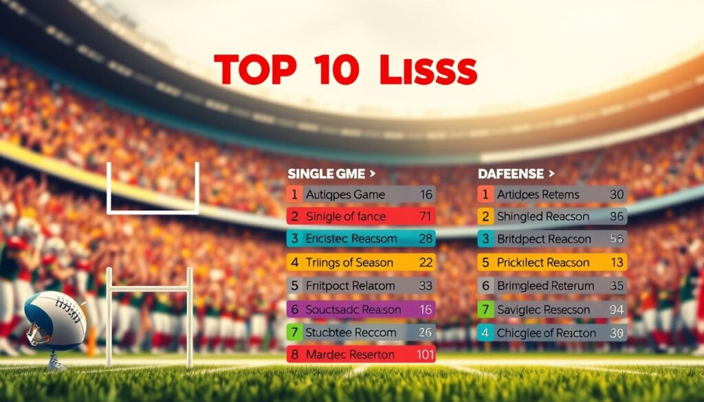 A vibrant and dynamic illustration depicting the concept of football records in the format of a "Top 10 Lists" chart. In the foreground, display visually striking icons representing single-game, season, and career record types for both offense and defense, like a football, goalposts, and a quarterback in action. In the middle ground, arrange stylized numbered lists with colorful sections to distinguish between categories, using a clear layout. The background should feature a blurred football stadium filled with cheering fans to convey excitement and energy. Utilize warm, natural lighting to enhance the mood, simulating an afternoon game atmosphere. Incorporate a slight upward camera angle to create an engaging perspective, drawing viewers into the action and significance of these records.