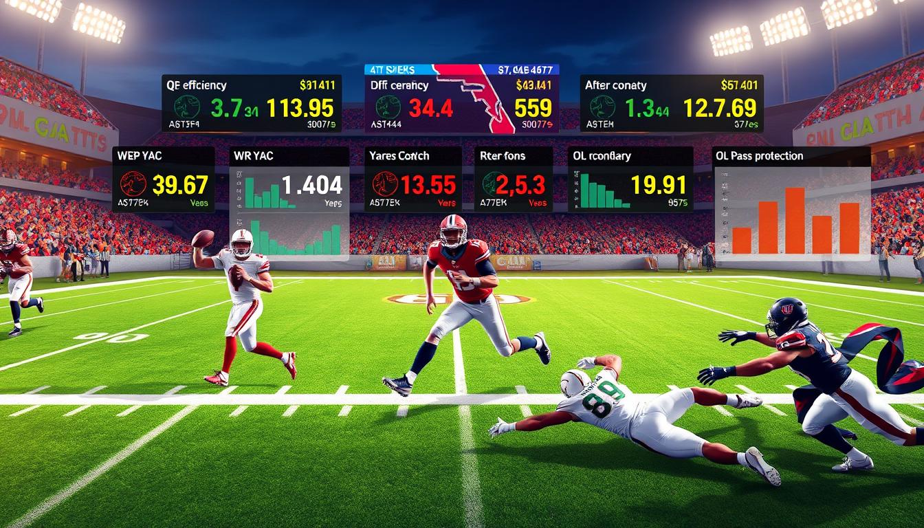 A visually engaging college football offense statistics snapshot, showcasing key metrics such as QB efficiency, WR YAC, RB after-contact, and OL pass protection in an organized dashboard format. In the foreground, illustrated players in action—an agile quarterback throwing the ball, a wide receiver sprinting with yards after catch, and a running back breaking a tackle—are depicted in professional athletic gear on a vibrant, well-maintained football field. The middle layer includes digital scoreboards displaying statistics and graphs in bright colors, while the background features cheering fans in a lively stadium atmosphere, illuminated by floodlights. The image should convey a sense of excitement and competitiveness, captured from a slightly elevated angle to provide depth, with warm lighting to enhance the dynamic action. A visually engaging college football offense statistics snapshot, showcasing key metrics such as QB efficiency, WR YAC, RB after-contact, and OL pass protection in an organized dashboard format. In the foreground, illustrated players in action—an agile quarterback throwing the ball, a wide receiver sprinting with yards after catch, and a running back breaking a tackle—are depicted in professional athletic gear on a vibrant, well-maintained football field. The middle layer includes digital scoreboards displaying statistics and graphs in bright colors, while the background features cheering fans in a lively stadium atmosphere, illuminated by floodlights. The image should convey a sense of excitement and competitiveness, captured from a slightly elevated angle to provide depth, with warm lighting to enhance the dynamic action.