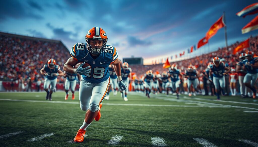 An action-packed scene depicting an exhilarating football game, focusing on a player in a vibrant Florida team uniform, mid-stride as they rush toward the end zone. The foreground captures the athlete's intense expression, sweat glistening under bright stadium lights, with dynamic movement suggesting speed and determination. In the middle ground, teammates and defenders are shown in a blur, emphasizing the urgency of the play as they strive for victory. The background features a cheering crowd, blurred yet colorful, with flags waving that capture the electric atmosphere of a live game. The lighting is bright and dramatic, highlighting the player against a twilight sky, alluding to the significance of this moment in the context of history and milestones in college football.