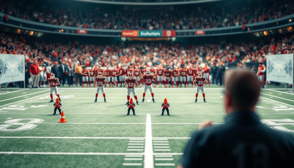 An organized and visually engaging depth chart illustrating "depth chart moves" in a football context. In the foreground, focus on a detailed grid layout displaying player positions amidst diagrams of strategies and formations, with markers highlighting key shifts from starters to backups. In the middle, present a cohesive tableau of various player avatars in professional football attire, positioned dynamically to indicate movement, strategy changes, and shifts in roles. In the background, a blurred stadium scene with enthusiastic fans and coaches captures a lively atmosphere, suggesting urgency and excitement. Use bright but balanced lighting to enhance clarity and focus, emphasizing the movement and strategic depth, lending a motivational and professional mood to the composition. An organized and visually engaging depth chart illustrating "depth chart moves" in a football context. In the foreground, focus on a detailed grid layout displaying player positions amidst diagrams of strategies and formations, with markers highlighting key shifts from starters to backups. In the middle, present a cohesive tableau of various player avatars in professional football attire, positioned dynamically to indicate movement, strategy changes, and shifts in roles. In the background, a blurred stadium scene with enthusiastic fans and coaches captures a lively atmosphere, suggesting urgency and excitement. Use bright but balanced lighting to enhance clarity and focus, emphasizing the movement and strategic depth, lending a motivational and professional mood to the composition.
