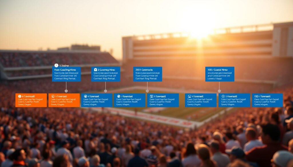 A clean and modern timeline illustration depicting the changes in the Florida Gators coaching staff, emphasizing key hire dates and role changes. In the foreground, highlighted events in a vibrant orange and blue color palette represent major milestones, like coaching hires and contract renewals, using simple icons (e.g., clock, calendar) to symbolize time and organization. The middle section features a sleek horizontal line with small, visually appealing markers where pivotal coaching shifts occurred. The background should consist of a subtle depiction of a stadium with cheering crowds, bathed in warm afternoon light to create a celebratory atmosphere. Use a slight depth of field effect to focus on the timeline while keeping the stadium recognizable. The overall mood should be optimistic and forward-looking, reflecting the growth and evolution of the team’s coaching staff.