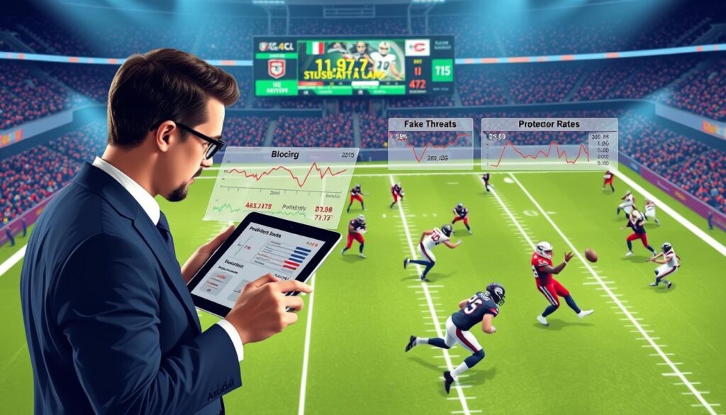 A detailed analysis illustration of football block rates, featuring a split-screen design. In the foreground, a professional analyst in business attire examines a tablet displaying various complex metrics and graphs related to fake threats and block rates, conveying focus and expertise. The middle section showcases a stylized football field with players in action, depicting specific blocking and protection scenarios—some attempting to block while others evade. In the background, a digital scoreboard highlights critical stats, with vibrant team colors and dynamic lighting creating an energetic atmosphere. The angle is slightly overhead, providing a comprehensive view of the field and the analyst’s keen observations. The overall mood is analytical and insightful, emphasizing the importance of understanding special teams metrics. A detailed analysis illustration of football block rates, featuring a split-screen design. In the foreground, a professional analyst in business attire examines a tablet displaying various complex metrics and graphs related to fake threats and block rates, conveying focus and expertise. The middle section showcases a stylized football field with players in action, depicting specific blocking and protection scenarios—some attempting to block while others evade. In the background, a digital scoreboard highlights critical stats, with vibrant team colors and dynamic lighting creating an energetic atmosphere. The angle is slightly overhead, providing a comprehensive view of the field and the analyst’s keen observations. The overall mood is analytical and insightful, emphasizing the importance of understanding special teams metrics.