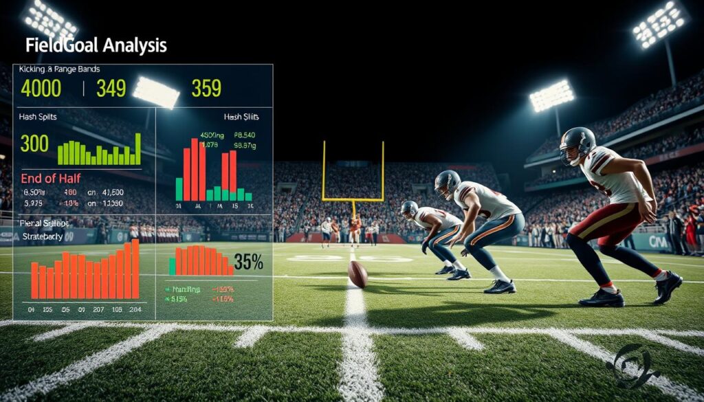 A detailed and analytical field goal probability analysis scene focusing on American football. In the foreground, a digital dashboard displays statistics and graphs related to kicking range bands, hash splits, and end-of-half strategies, with bright colors emphasizing key metrics. In the middle, a football field with yard lines subtly in the background, showcasing players positioned for a kick, all dressed in professional athletic gear. The background should show a stadium filled with cheering fans under stadium lights, creating an exciting and vibrant atmosphere. Use a dynamic angle, perhaps from a slightly elevated viewpoint, to capture both the data and the action on the field, with a sense of urgency and strategy evident in the scene. The lighting should be dramatic, focused on the players and the digital dashboard. A detailed and analytical field goal probability analysis scene focusing on American football. In the foreground, a digital dashboard displays statistics and graphs related to kicking range bands, hash splits, and end-of-half strategies, with bright colors emphasizing key metrics. In the middle, a football field with yard lines subtly in the background, showcasing players positioned for a kick, all dressed in professional athletic gear. The background should show a stadium filled with cheering fans under stadium lights, creating an exciting and vibrant atmosphere. Use a dynamic angle, perhaps from a slightly elevated viewpoint, to capture both the data and the action on the field, with a sense of urgency and strategy evident in the scene. The lighting should be dramatic, focused on the players and the digital dashboard.