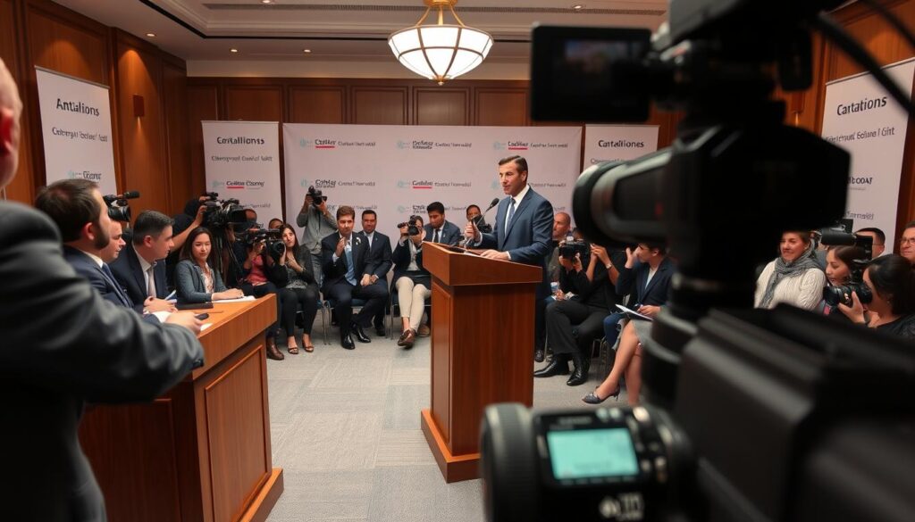 A dynamic and engaging press conference scene illustrating key highlights and analysis. In the foreground, a polished wooden podium stands with a microphone, hosting a professional speaker in business attire, conveying enthusiasm and authority. In the middle ground, an audience of diverse, attentive media representatives are seated, documenting the event with cameras and notepads. The background features an elegantly designed press room with banners displaying relevant branding, soft lighting highlighting the podium and speaker. A camera captures the event from a low angle, creating a sense of drama and importance. The mood is one of anticipation and professionalism, emphasizing notable quotes and insights being shared.