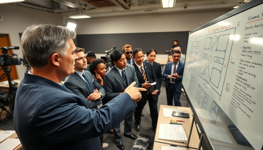 A dynamic press room scene showcasing a diverse group of professional coaches engaged in an intense strategy discussion. In the foreground, a middle-aged coach with short hair in a tailored navy suit is pointing at a large whiteboard filled with diagrams and notes on "scheme hints" and "coaching emphasis." In the middle ground, we see a diverse mix of assistant coaches, including a young woman of Hispanic descent wearing smart attire and a Black male coach with glasses, all taking notes and contributing ideas. The background features a well-lit press room with media equipment, cameras, and notepads scattered across tables. Bright, focused lighting emphasizes the energy and urgency of the discussion while conveying a serious, professional atmosphere. The angle is slightly elevated for a comprehensive view of the collaboration in action.