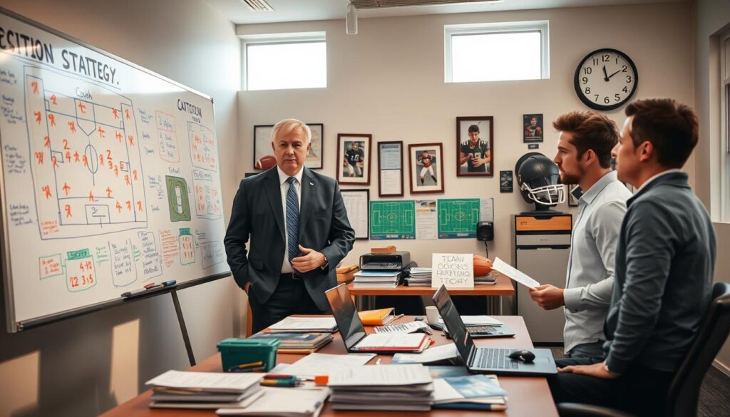 A modern coaching office filled with football strategy elements. In the foreground, a position coach, a middle-aged man in professional business attire, stands beside a large whiteboard covered in colorful play diagrams and notes. His expression is focused and determined, as he discusses tactics with a young assistant coach, dressed in smart casual clothing. In the middle, a table cluttered with playbooks, notes, and a laptop displays team formations and statistics. Background elements include a wall adorned with framed team photos, a clock, and football memorabilia. The lighting is bright yet soft, simulating an afternoon glow, creating an inspiring atmosphere. The overall mood is one of collaboration and intensity, reflecting the dynamic nature of coaching strategies in football.