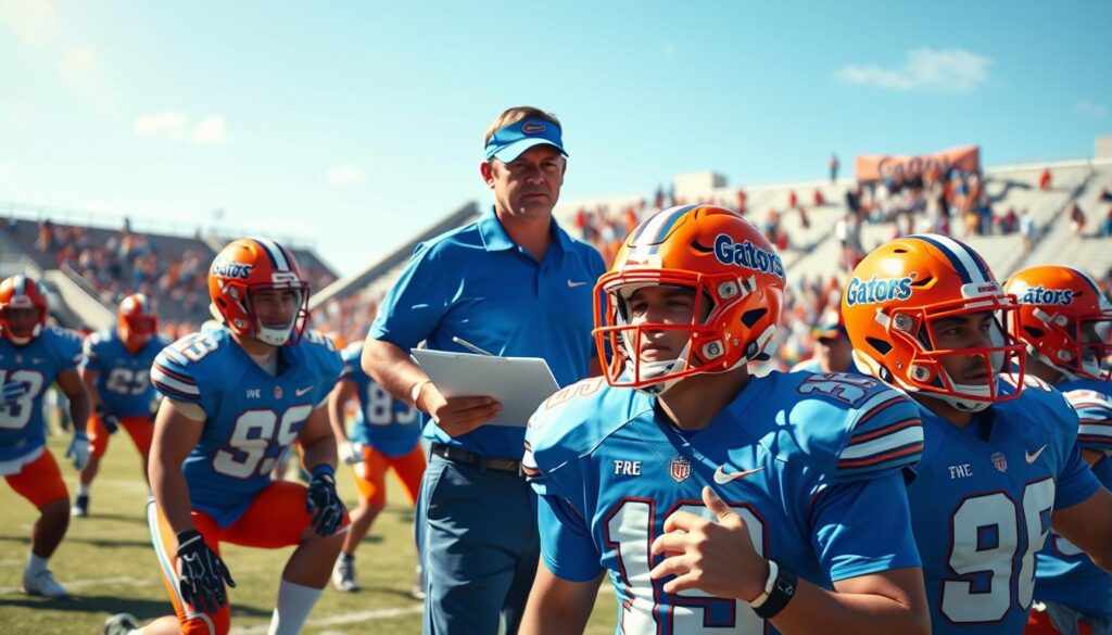 A vibrant, dynamic scene capturing a football practice setting for the Florida Gators special teams. In the foreground, a diverse group of players in bright blue and orange uniforms engaged in drills, showcasing teamwork and strategy. The middle ground features a coach in a professional-looking polo shirt and visor, observing and making notes on a clipboard, emphasizing depth shuffles in the lineup. In the background, a lively stadium with cheering fans and blue skies, hinting at the excitement of game day. Soft sunlight casts warm highlights, creating an energetic and motivating atmosphere. Use a slight wide-angle lens to create depth, focusing on the players' intense expressions and the vibrant colors of the Gators' uniforms. A vibrant, dynamic scene capturing a football practice setting for the Florida Gators special teams. In the foreground, a diverse group of players in bright blue and orange uniforms engaged in drills, showcasing teamwork and strategy. The middle ground features a coach in a professional-looking polo shirt and visor, observing and making notes on a clipboard, emphasizing depth shuffles in the lineup. In the background, a lively stadium with cheering fans and blue skies, hinting at the excitement of game day. Soft sunlight casts warm highlights, creating an energetic and motivating atmosphere. Use a slight wide-angle lens to create depth, focusing on the players' intense expressions and the vibrant colors of the Gators' uniforms.