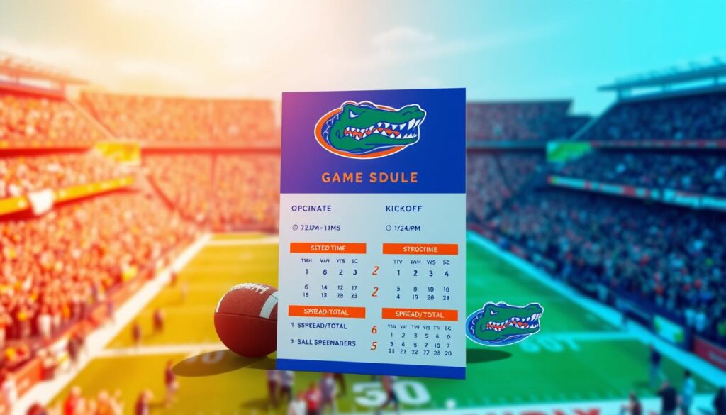 A visually engaging image featuring a Florida Gators football game schedule card. In the foreground, display a sleek, modern game info card, detailing the opponent, kickoff time, TV/streaming channel information, and a spread/total section, all in a clean and organized layout. Use vibrant team colors like blue and orange. In the middle ground, include elements like a football, helmet, and Gators logo to emphasize the sport, arranged artfully around the schedule. In the background, depict a blurred stadium scene filled with cheering fans, under a bright sunny sky, conveying excitement and anticipation. Apply warm lighting to highlight the card, creating an energetic and lively atmosphere. A visually engaging image featuring a Florida Gators football game schedule card. In the foreground, display a sleek, modern game info card, detailing the opponent, kickoff time, TV/streaming channel information, and a spread/total section, all in a clean and organized layout. Use vibrant team colors like blue and orange. In the middle ground, include elements like a football, helmet, and Gators logo to emphasize the sport, arranged artfully around the schedule. In the background, depict a blurred stadium scene filled with cheering fans, under a bright sunny sky, conveying excitement and anticipation. Apply warm lighting to highlight the card, creating an energetic and lively atmosphere.