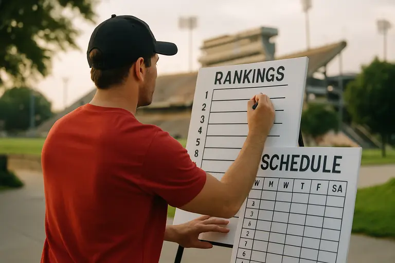 A high school football schedule board beside helmets and practice gear