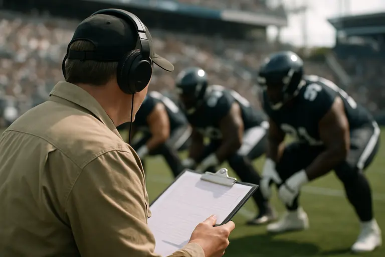Coaches observe defensive linemen rotating through a practice period