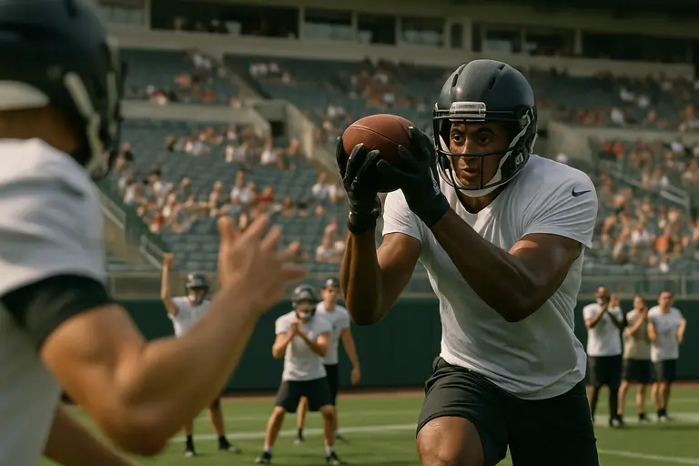 Running backs and wide receivers waiting for reps during team drills