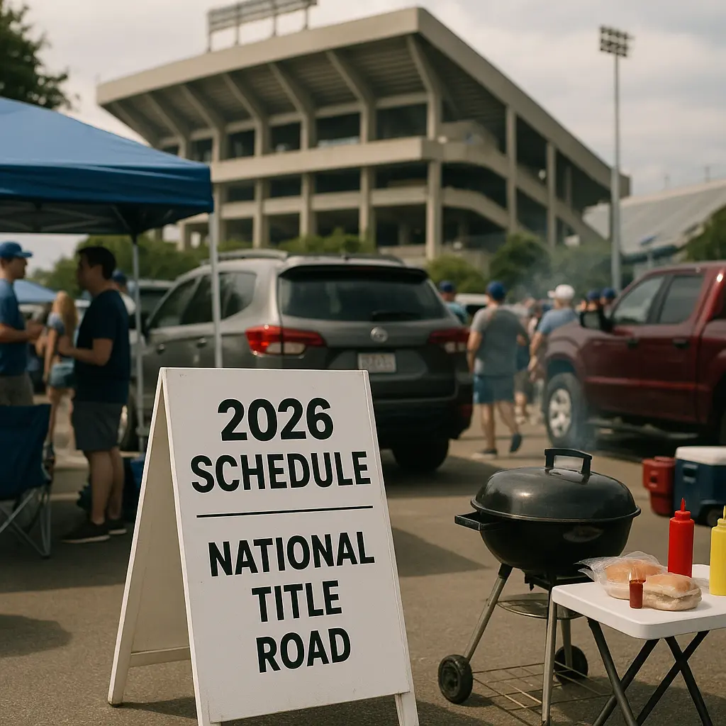 IMG Academy football players preparing for a road game under stadium lights