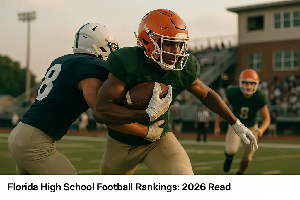Florida high school football players line up under stadium lights before a late-season snap