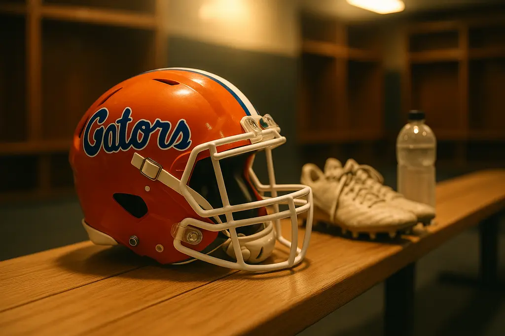 Florida Gators transfers practice scene with players running drills on a college football field