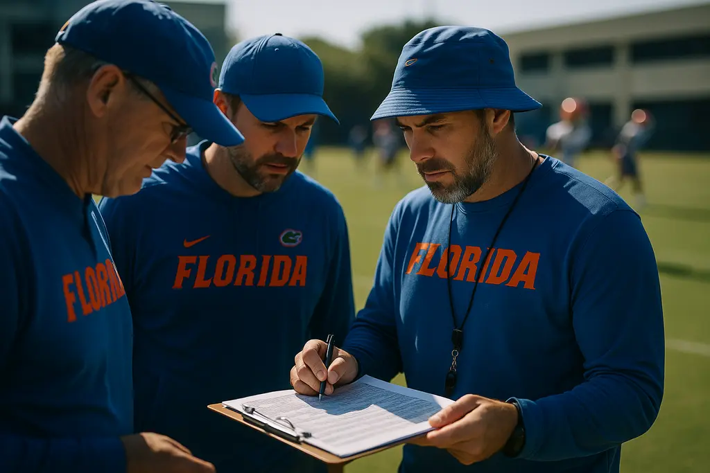 Gators Transfer Class players practice on a football field in Gainesville