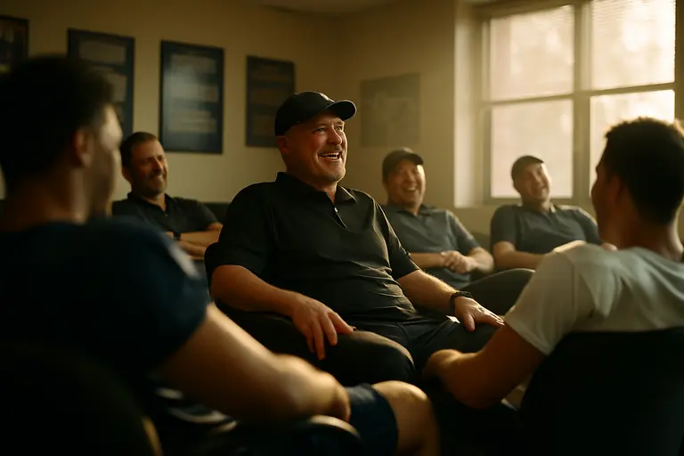 A coach speaks with players during a sideline practice break