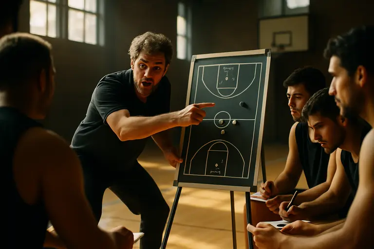 A high school football coach reviews a play sheet with players on the sideline