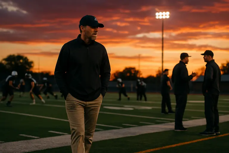 A sideline coach speaks to players during a high school football game