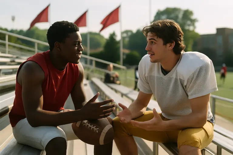 Quarterback and linebacker warming up on a high school football field