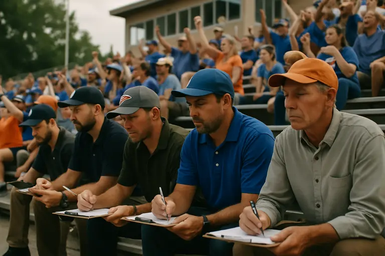 Recruiting staff members compare position charts in a football office