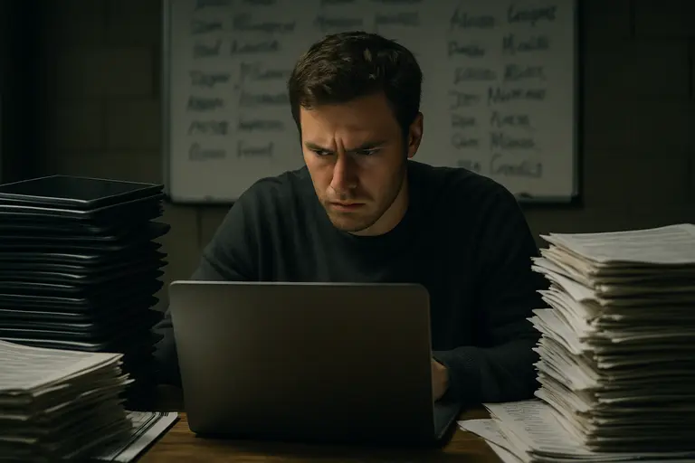 A football coach reviewing practice notes while players run drills in the background