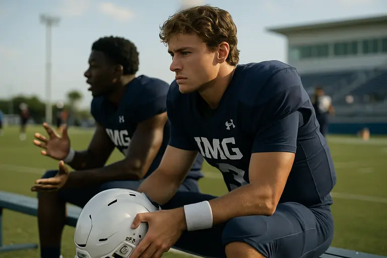 A football coach reviews notes beside players during practice