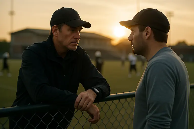 A coach reviews a football practice plan near the sideline