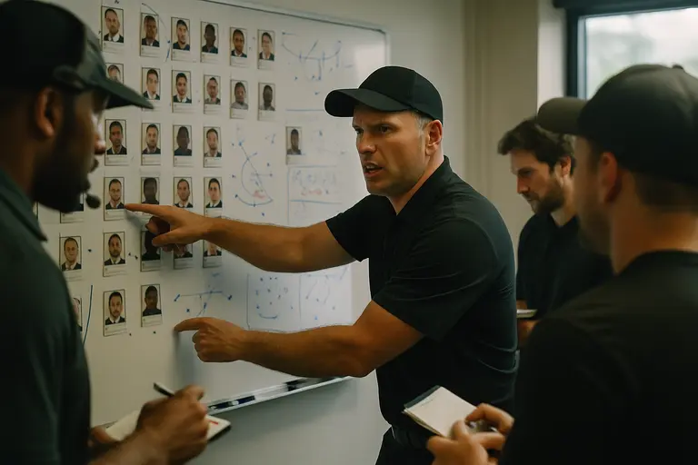 Football coaches observe quarterbacks and skill players during practice