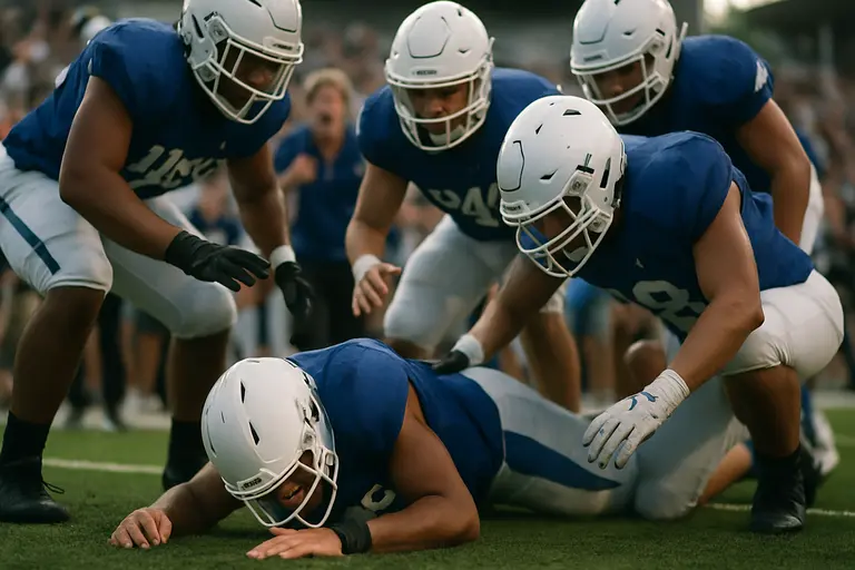 Football players lined up during a late-season night game