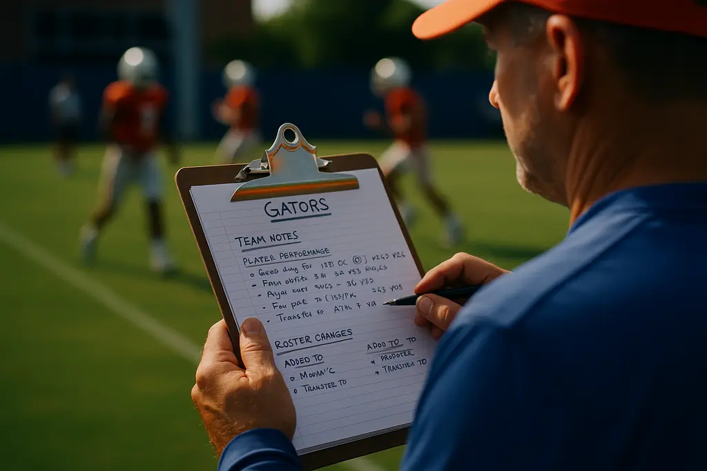 Gators Roster Overhaul practice field with players working drills in Gainesville