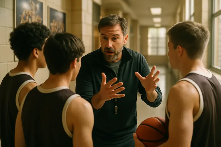 High school football coach speaking to players during a Florida playoff practice