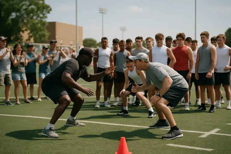 High school football prospects training on a Florida practice field