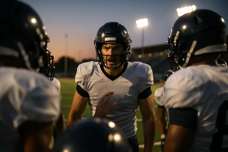 High school football team huddling near the sideline during a game